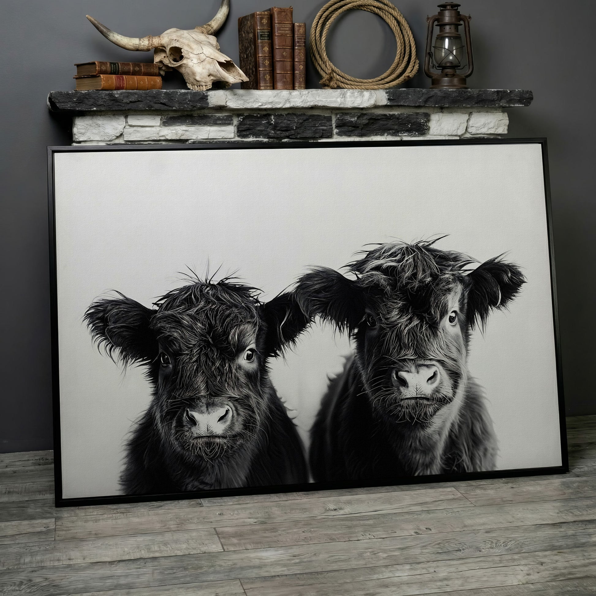 Two Highland Calves Face-On, Black and White Canvas Art in black floating frame