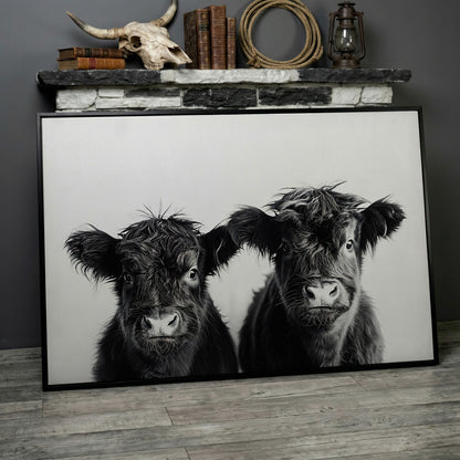 Two Highland Calves Face-On, Black and White Canvas Art in black floating frame