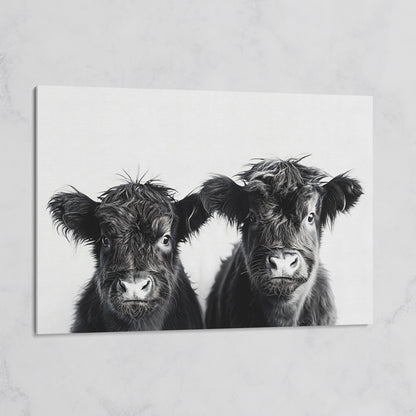 Two Highland Calves Face-On, Black and White Canvas Art on gallery wrap