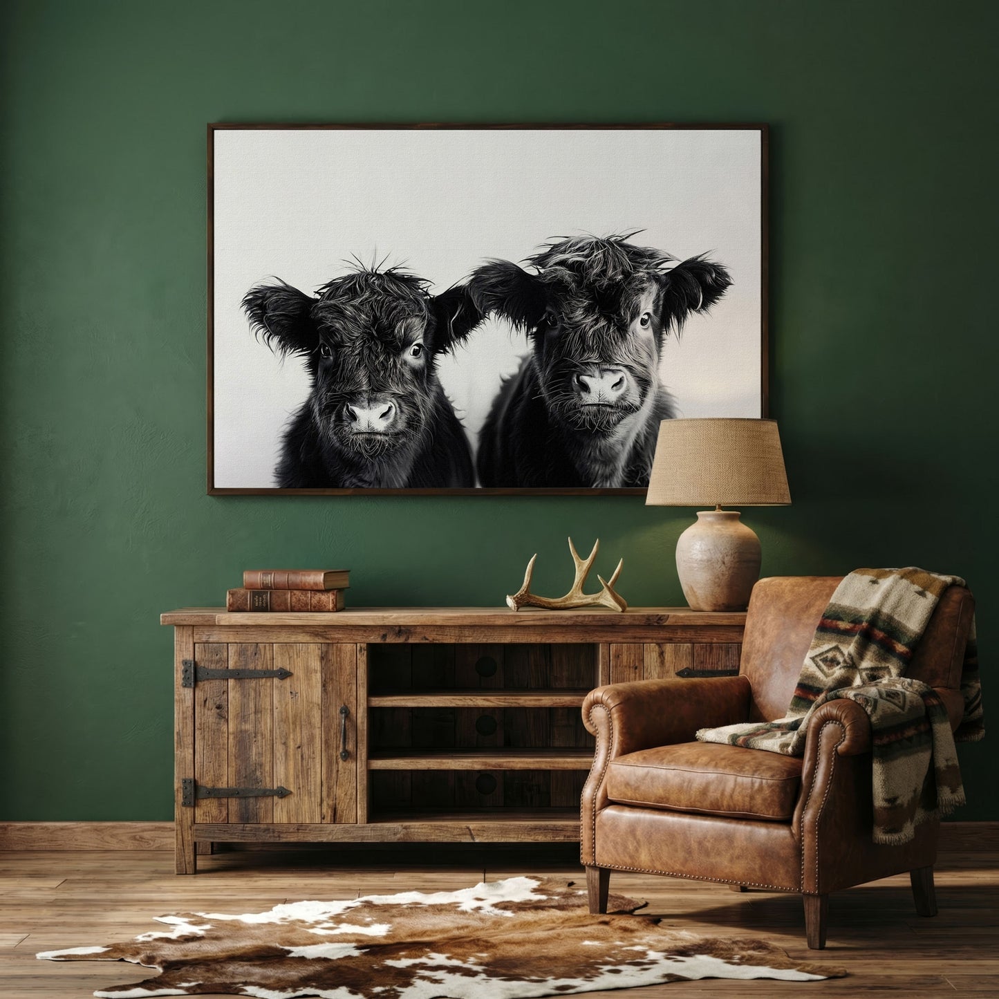 Two Highland Calves Face-On, Black and White Canvas Art in dark walnut floating frame