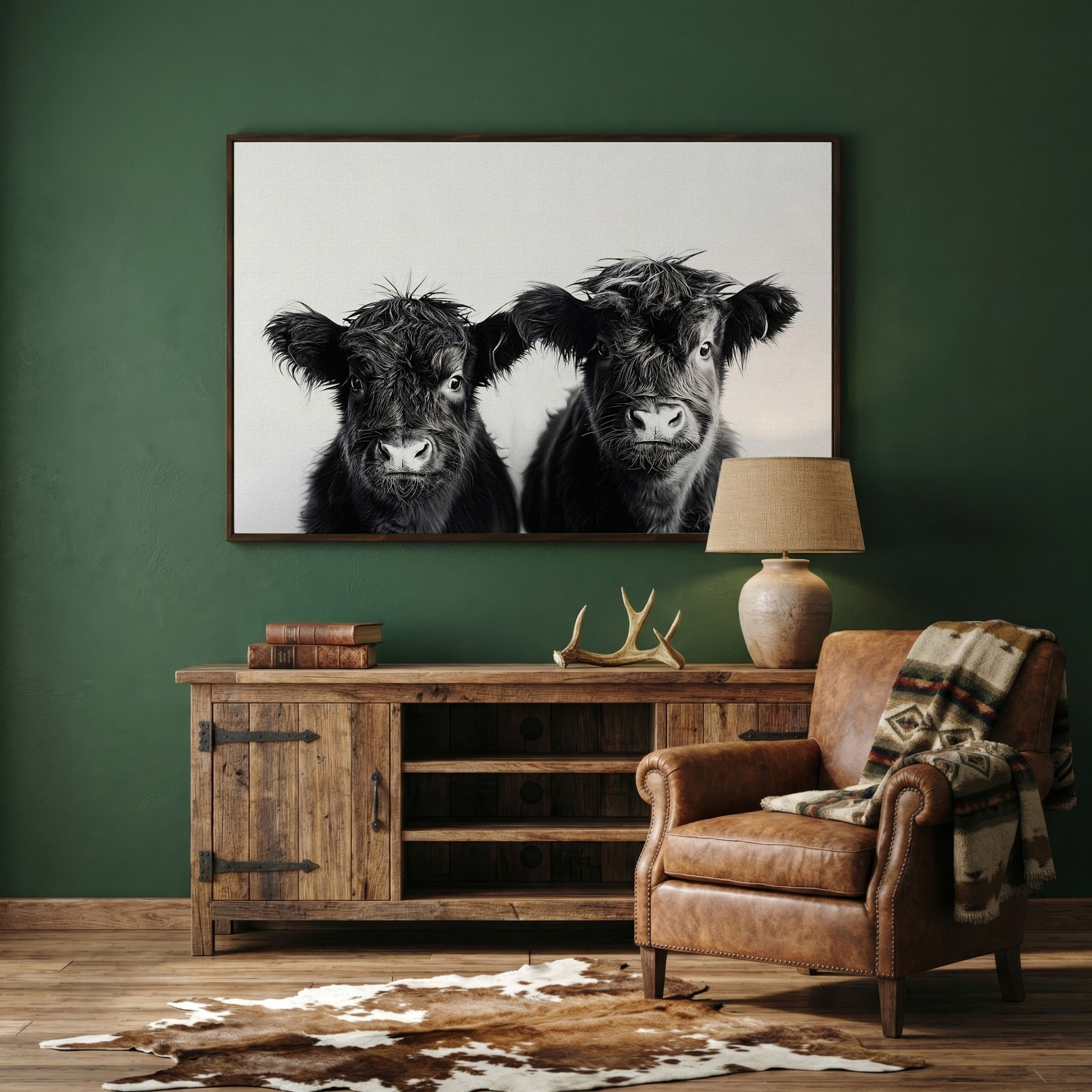 Two Highland Calves Face-On, Black and White Canvas Art in dark walnut floating frame