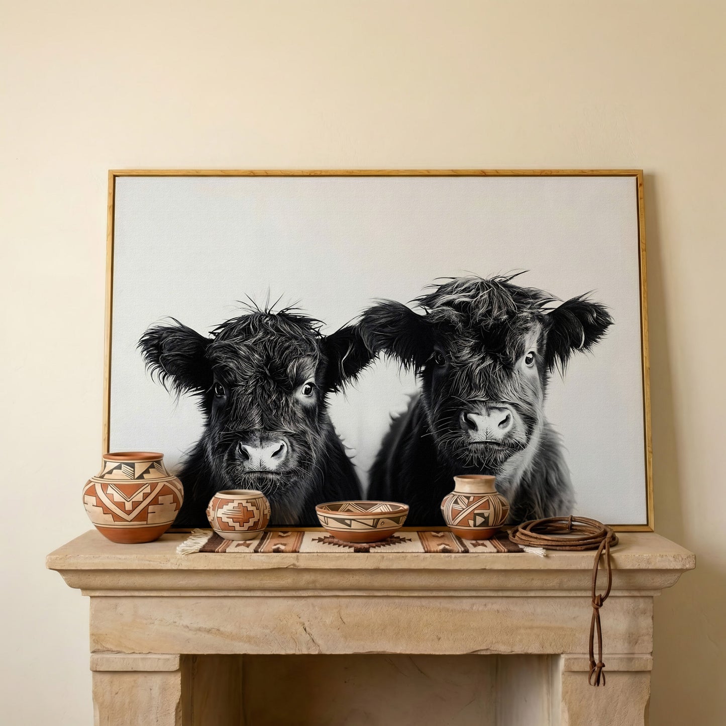 Two Highland Calves Face-On, Black and White Canvas Art in white oak floating frame