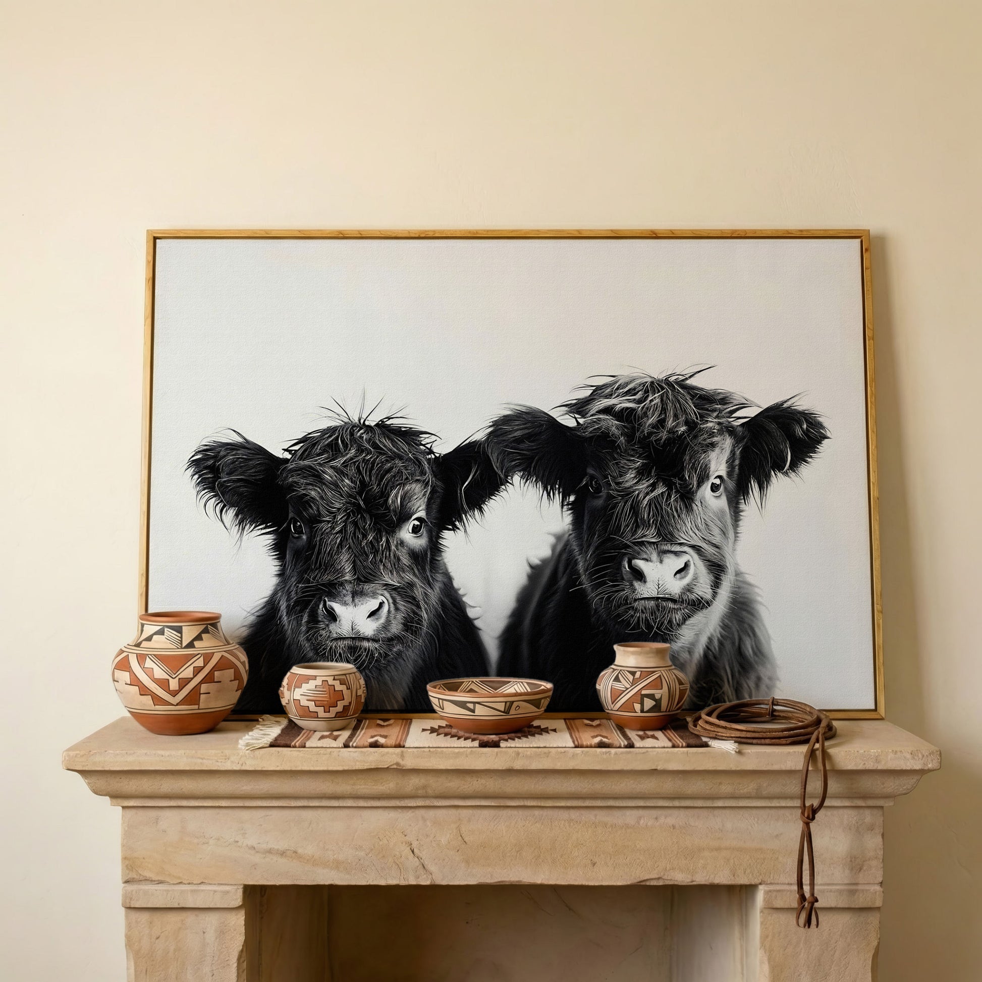 Two Highland Calves Face-On, Black and White Canvas Art in white oak floating frame