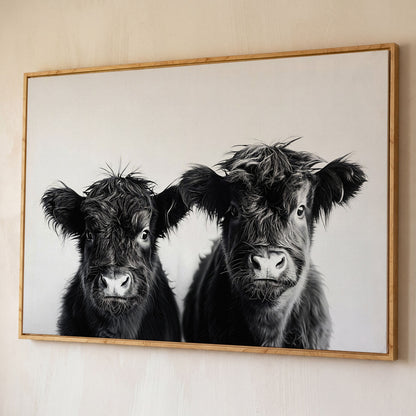 Two Highland Calves Face-On, Black and White Canvas Art shown in white oak floating frame