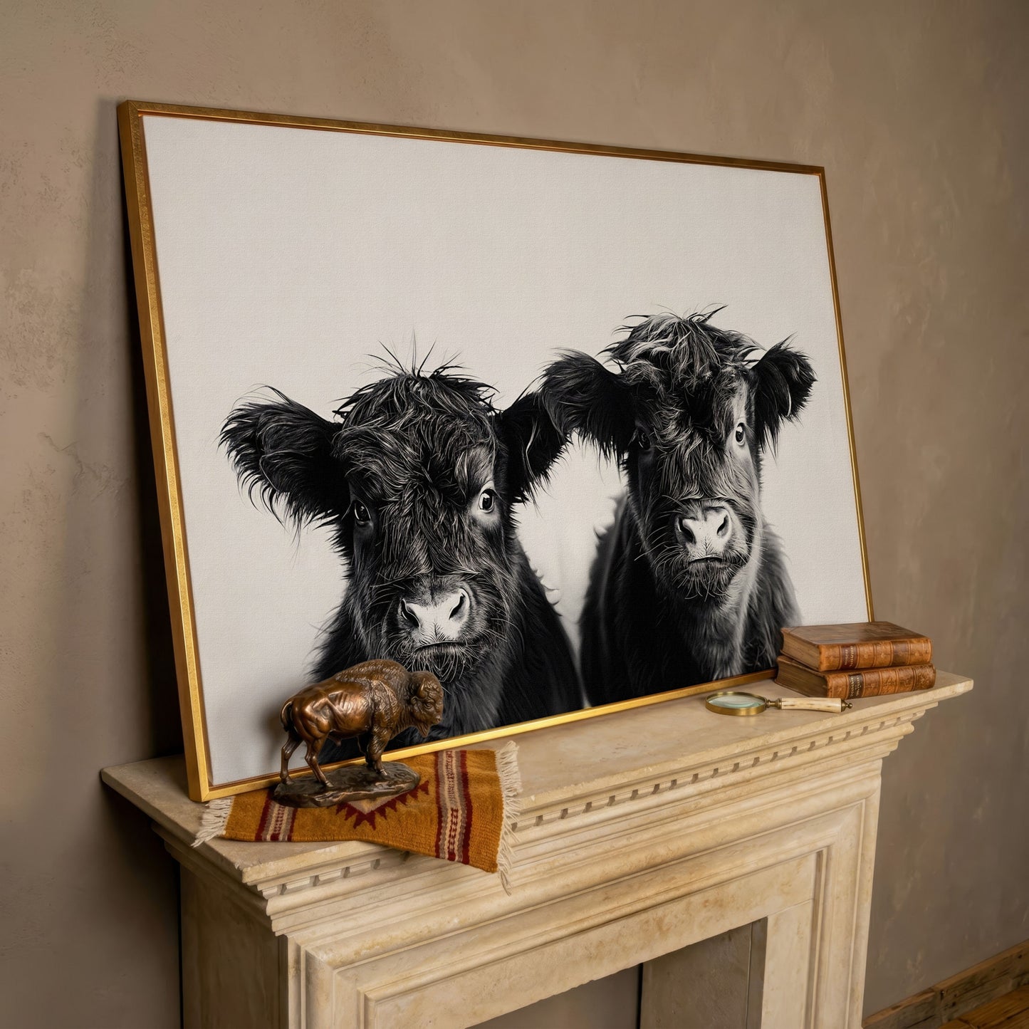 Two Highland Calves Face-On, Black and White Canvas Art in rose gold floating frame