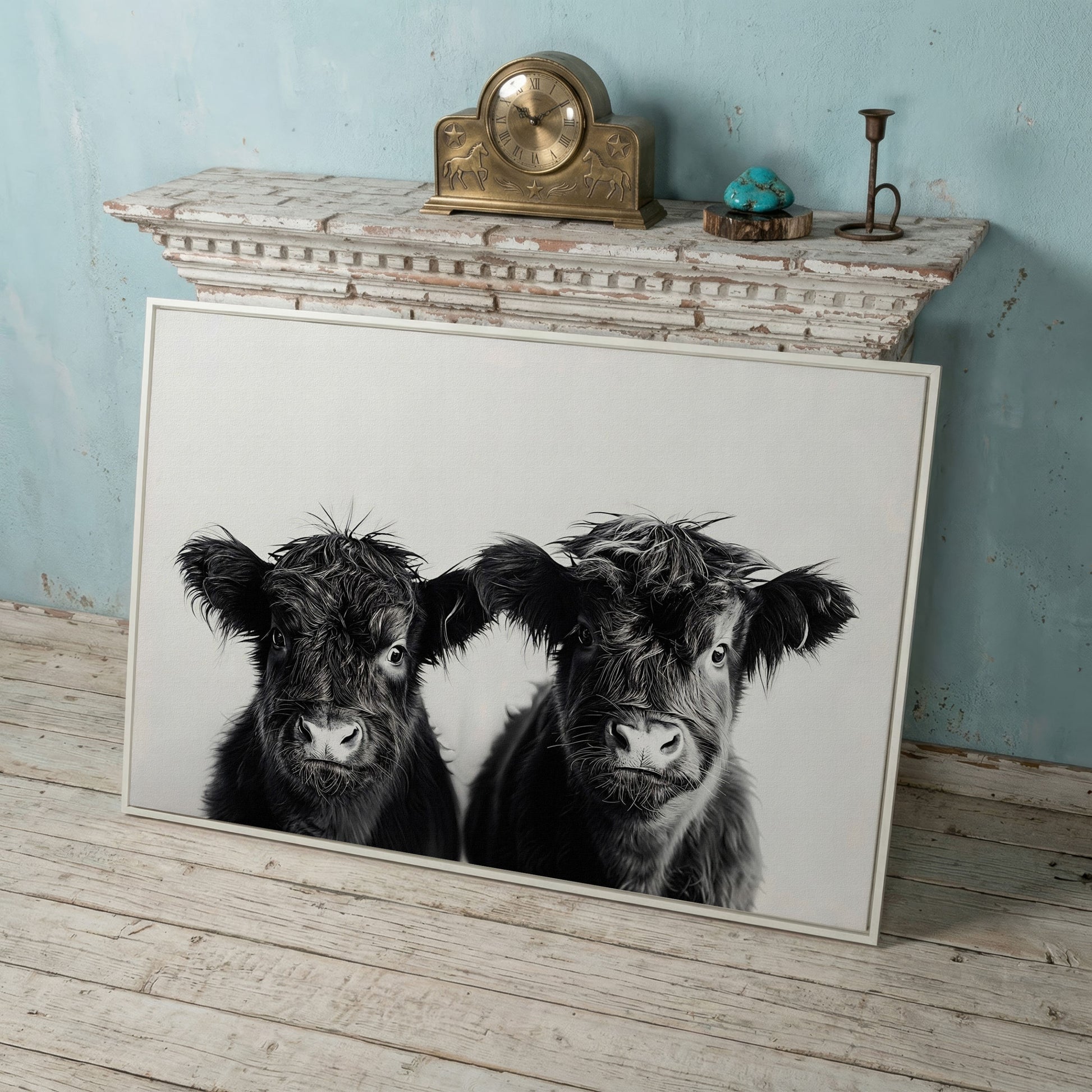 Two Highland Calves Face-On, Black and White Canvas Art in white floating frame