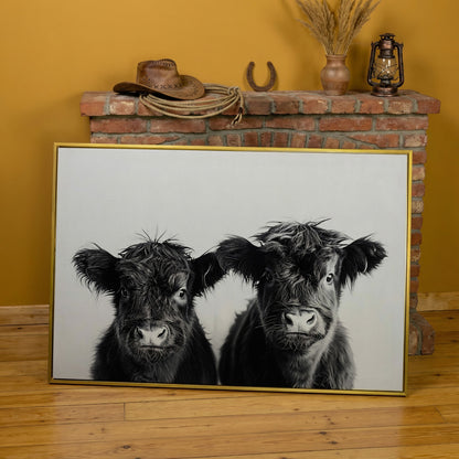 Two Highland Calves Face-On, Black and White Canvas Art in yellow gold floating frame