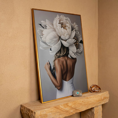Woman with White Peonies Canvas Print in antique gold floating frame