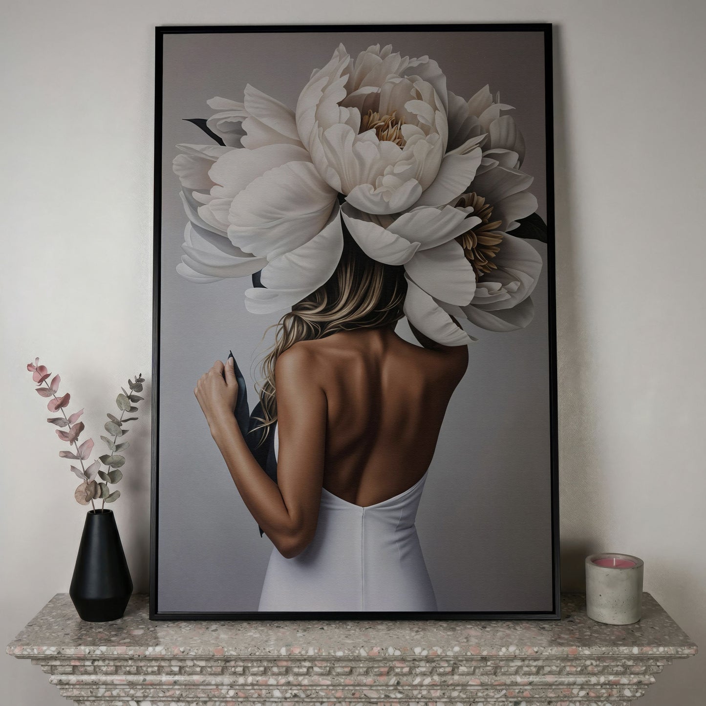 Woman with White Peonies Canvas Print in black floating frame