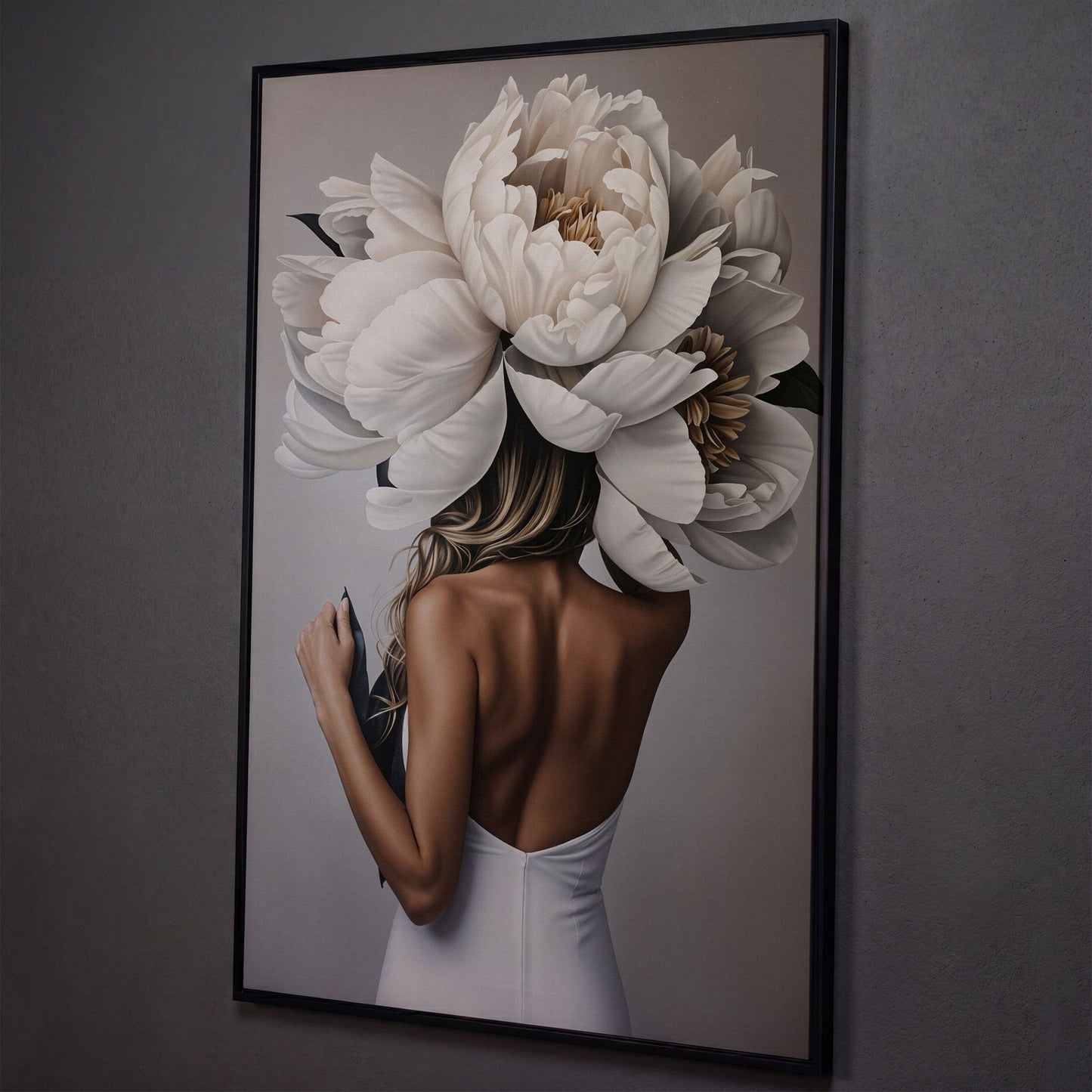 Woman with White Peonies Canvas Print shown in black floating frame