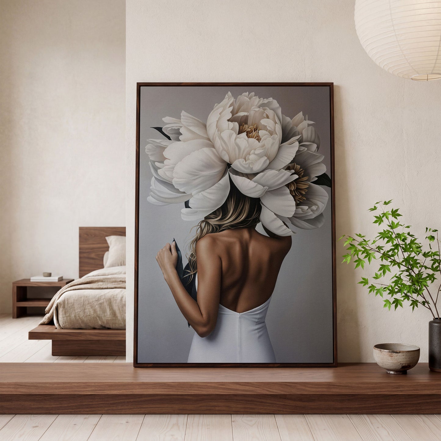 Woman with White Peonies Canvas Print in dark walnut floating frame