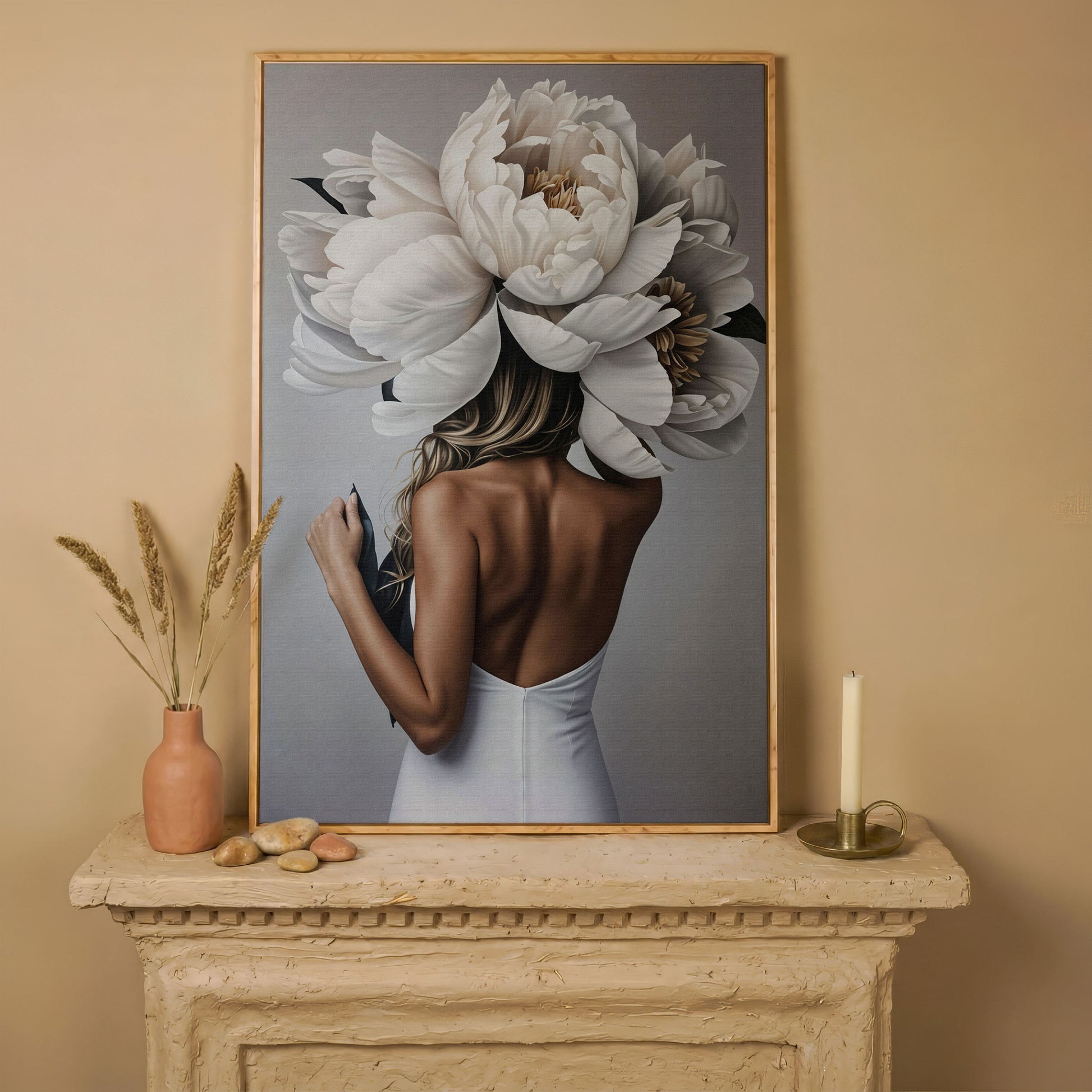 Woman with White Peonies Canvas Print in white oak floating frame