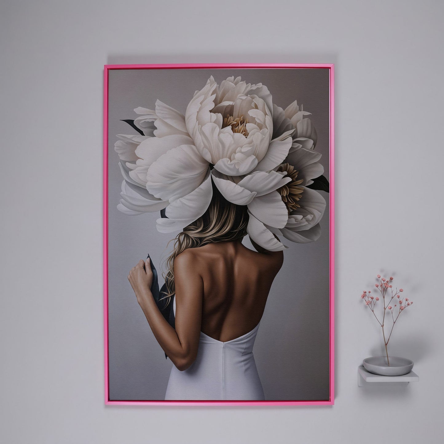 Woman with White Peonies Canvas Print in pink floating frame
