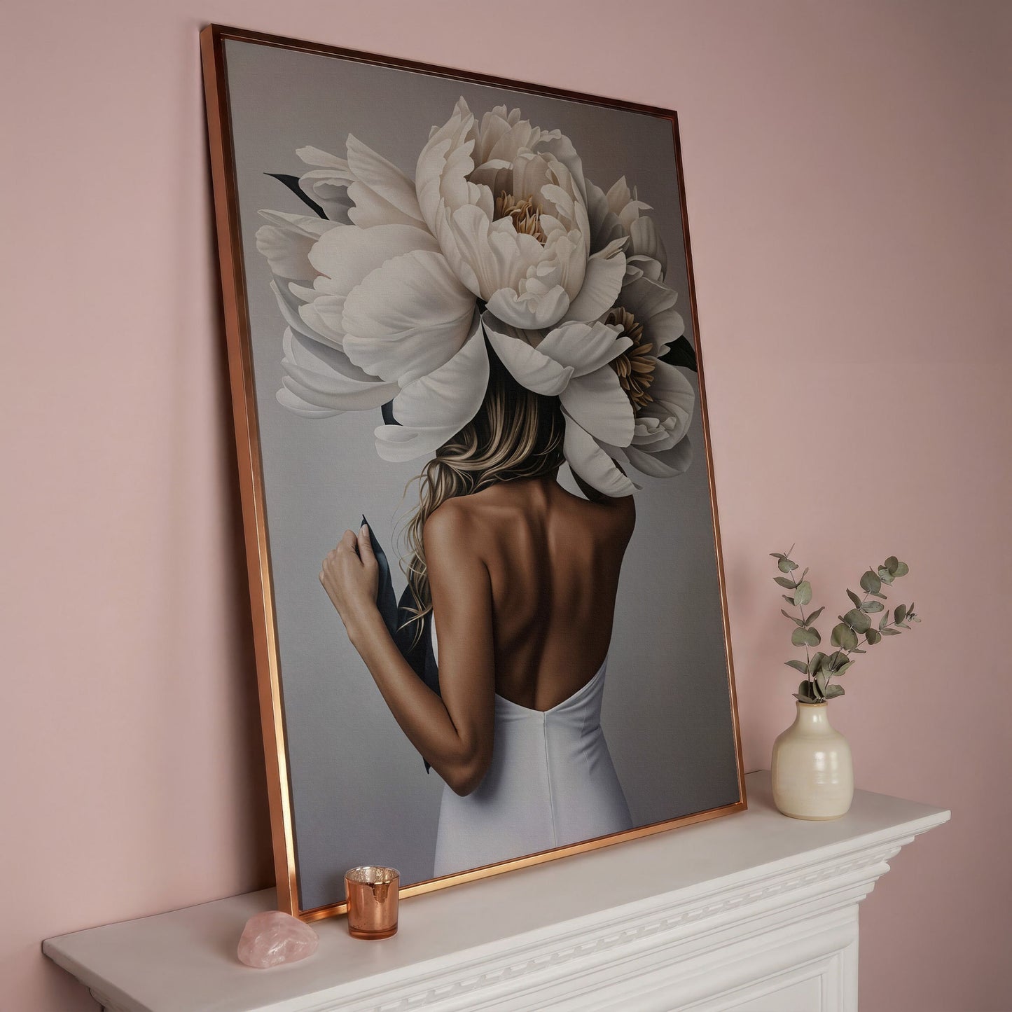 Woman with White Peonies Canvas Print in rose gold floating frame