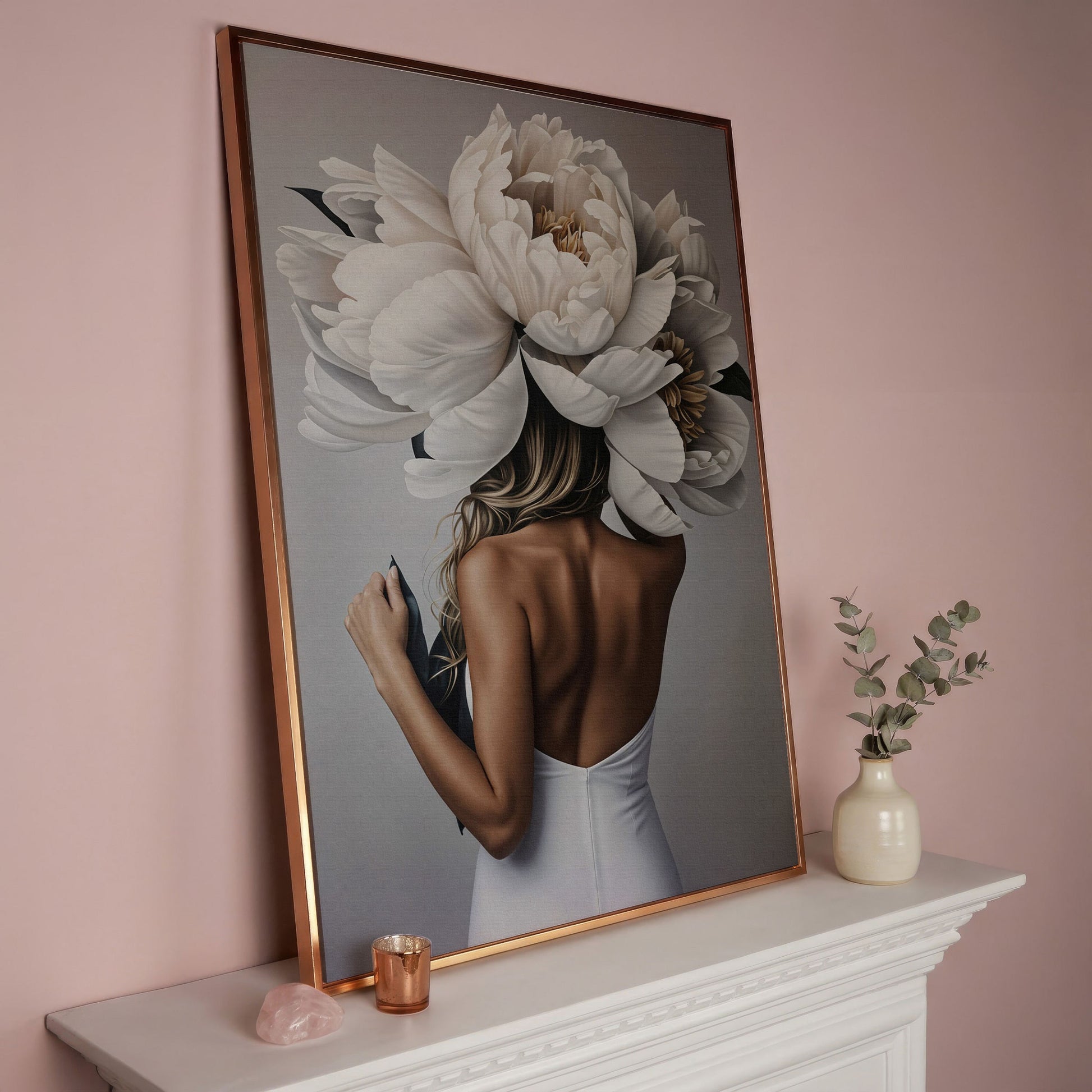 Woman with White Peonies Canvas Print in rose gold floating frame