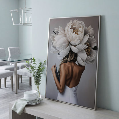 Woman with White Peonies Canvas Print in silver floating frame