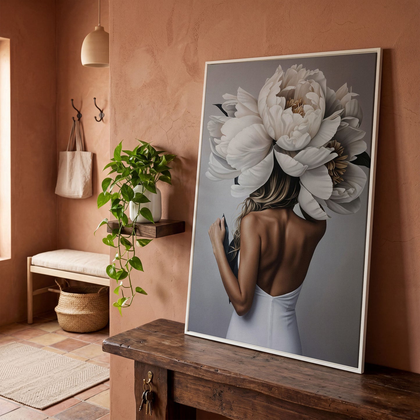 Woman with White Peonies Canvas Print in white floating frame