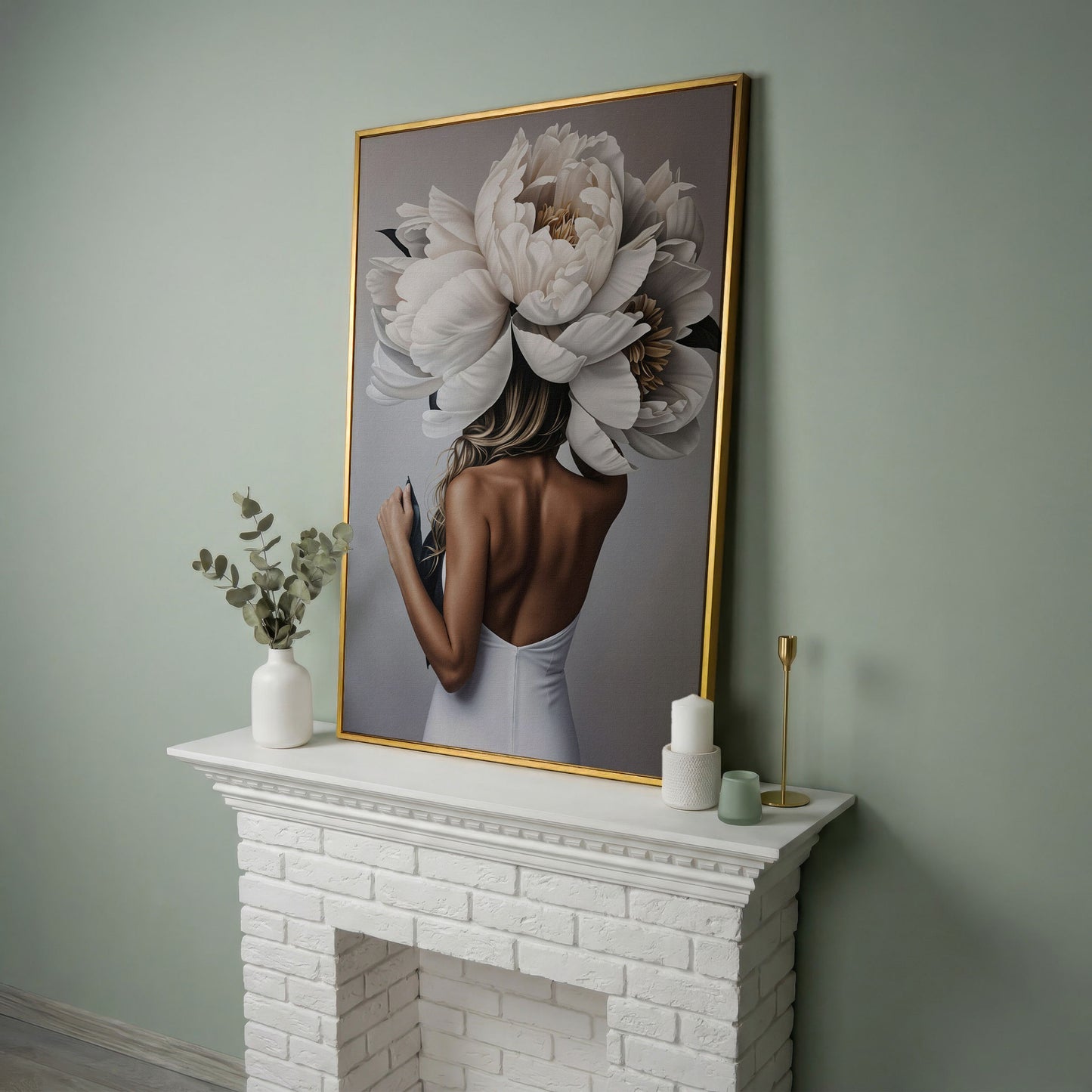 Woman with White Peonies Canvas Print in yellow gold floating frame