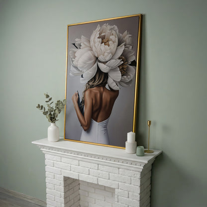 Woman with White Peonies Canvas Print in yellow gold floating frame