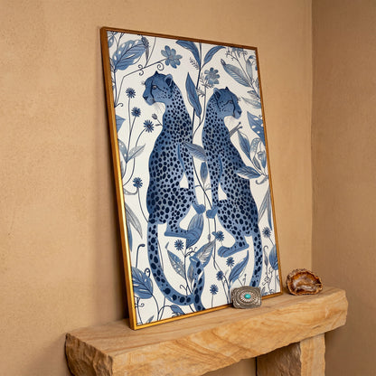 Two Cheetahs in Bloom: Symmetrical Botanical Wildlife Canvas Art in antique gold floating frame