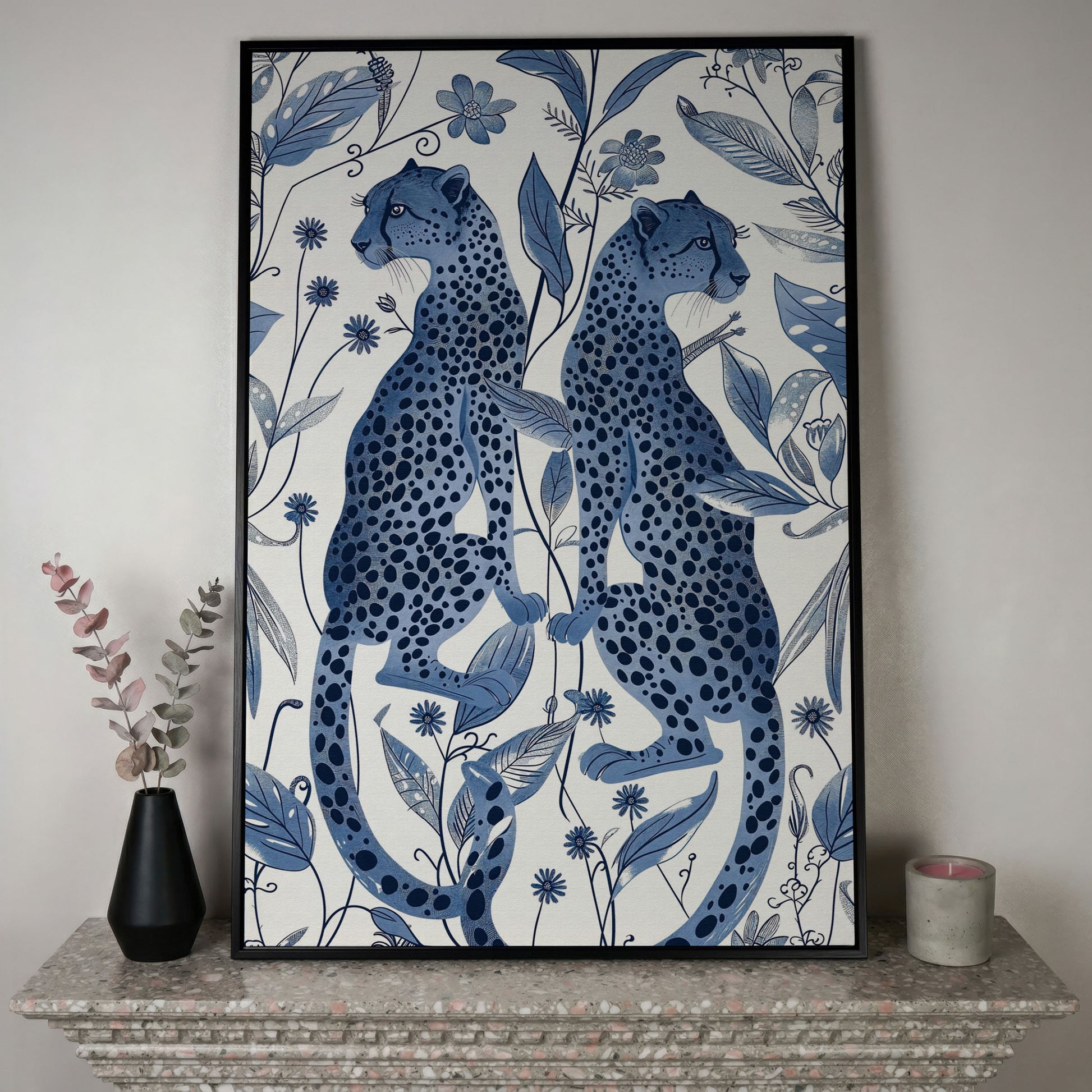 Two Cheetahs in Bloom: Symmetrical Botanical Wildlife Canvas Art in black floating frame