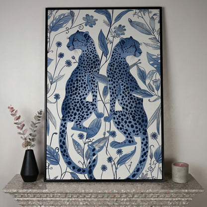 Two Cheetahs in Bloom: Symmetrical Botanical Wildlife Canvas Art in black floating frame