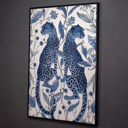 Two Cheetahs in Bloom: Symmetrical Botanical Wildlife Canvas Art shown in black floating frame