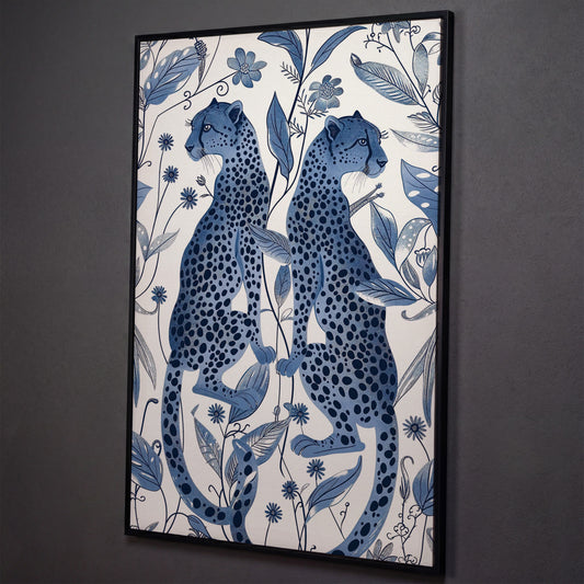 Two Cheetahs in Bloom: Symmetrical Botanical Wildlife Canvas Art shown in black floating frame
