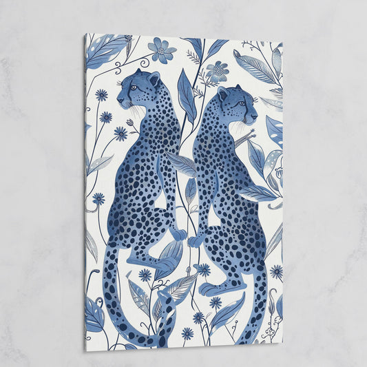 Two Cheetahs in Bloom: Symmetrical Botanical Wildlife Canvas Art on gallery wrap