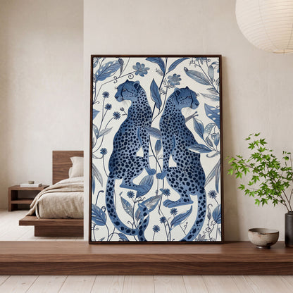 Two Cheetahs in Bloom: Symmetrical Botanical Wildlife Canvas Art in dark walnut floating frame