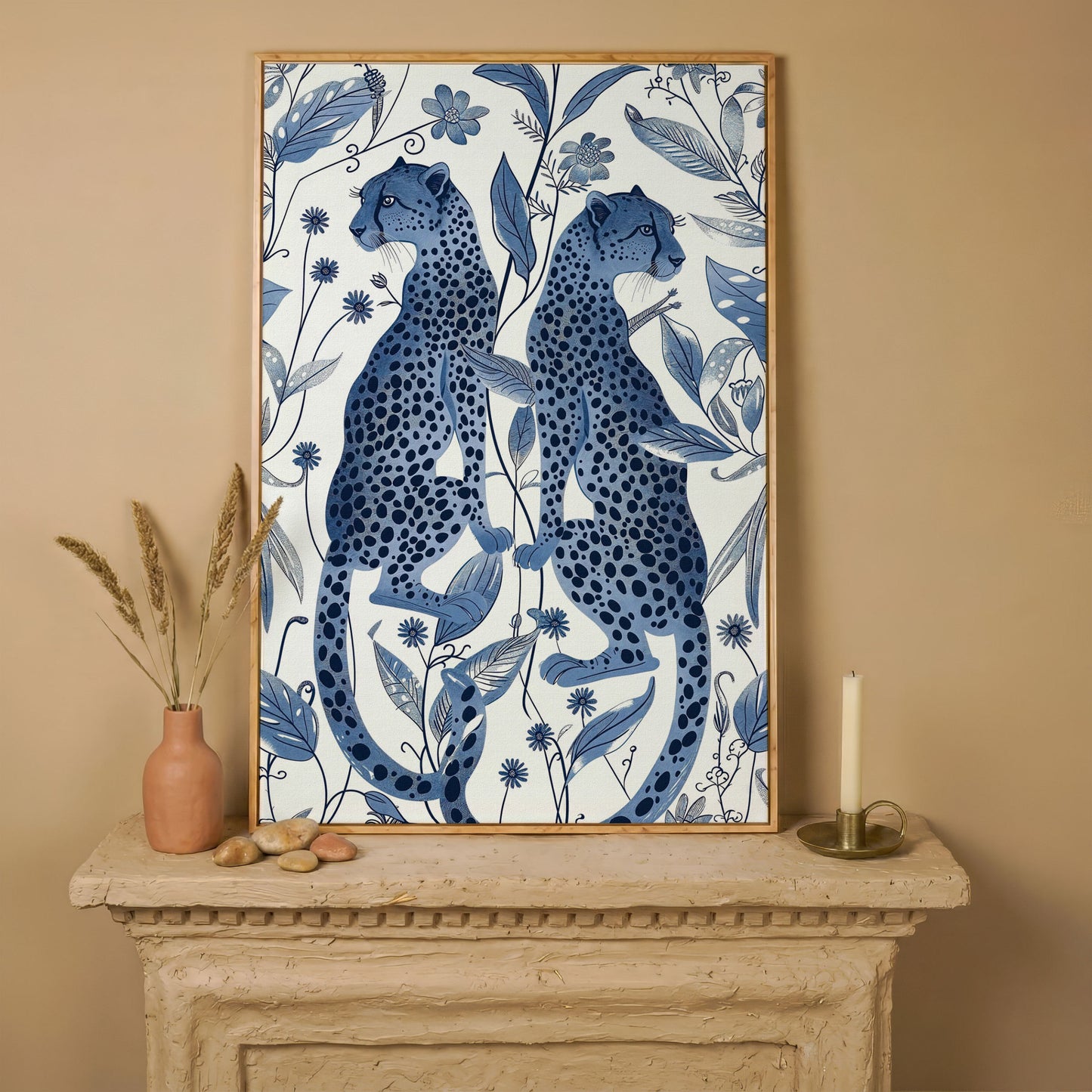 Two Cheetahs in Bloom: Symmetrical Botanical Wildlife Canvas Art in white oak floating frame