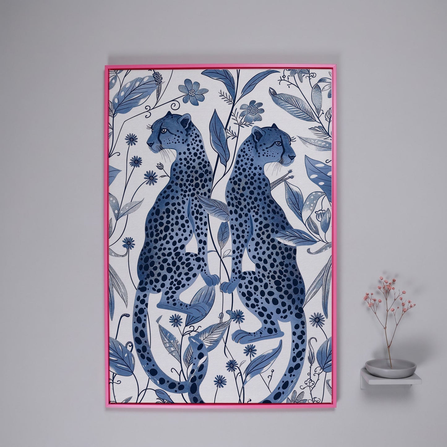 Two Cheetahs in Bloom: Symmetrical Botanical Wildlife Canvas Art in pink floating frame