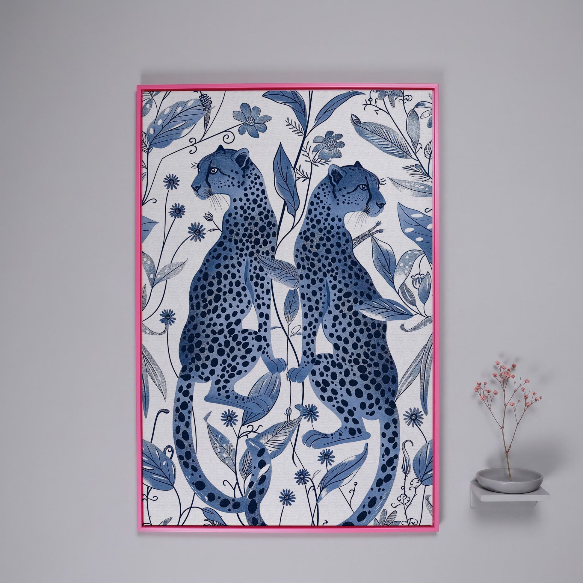 Two Cheetahs in Bloom: Symmetrical Botanical Wildlife Canvas Art in pink floating frame