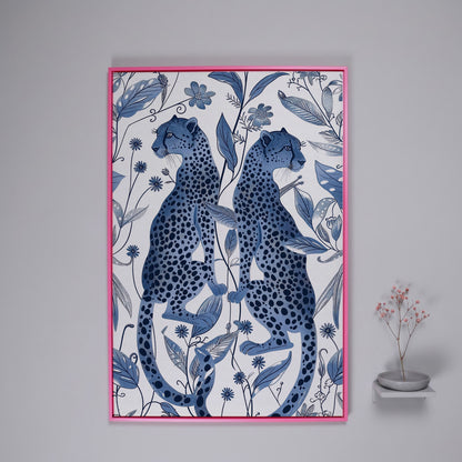 Two Cheetahs in Bloom: Symmetrical Botanical Wildlife Canvas Art in pink floating frame