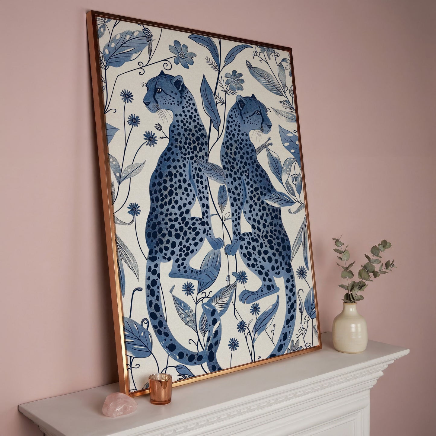 Two Cheetahs in Bloom: Symmetrical Botanical Wildlife Canvas Art in rose gold floating frame