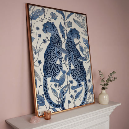 Two Cheetahs in Bloom: Symmetrical Botanical Wildlife Canvas Art in rose gold floating frame