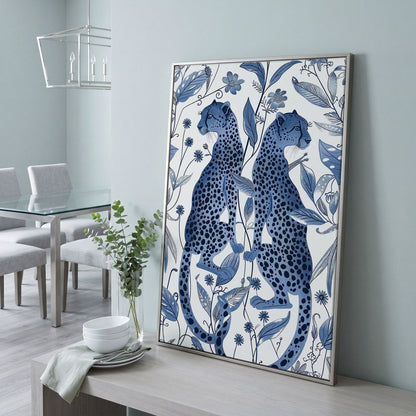 Two Cheetahs in Bloom: Symmetrical Botanical Wildlife Canvas Art in silver floating frame