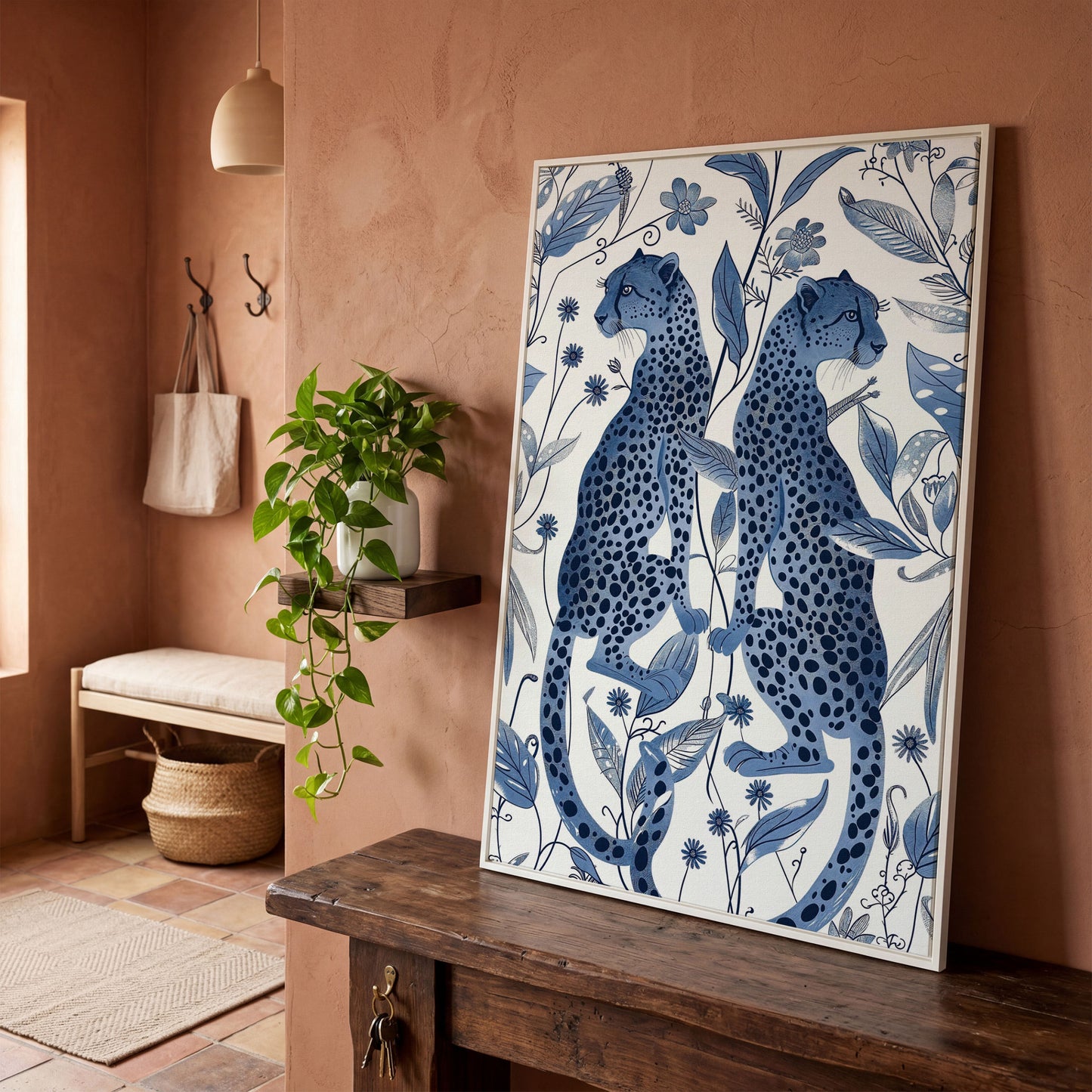 Two Cheetahs in Bloom: Symmetrical Botanical Wildlife Canvas Art in white floating frame