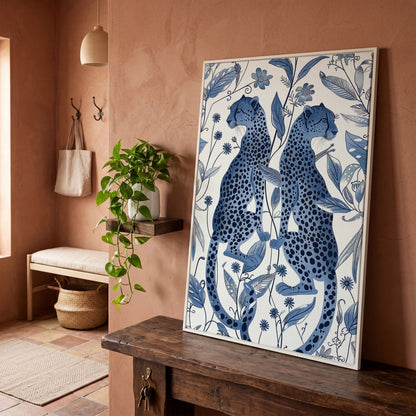 Two Cheetahs in Bloom: Symmetrical Botanical Wildlife Canvas Art in white floating frame