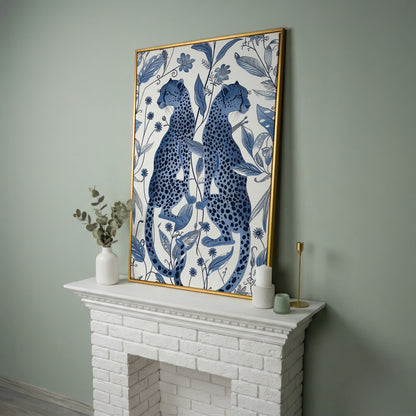 Two Cheetahs in Bloom: Symmetrical Botanical Wildlife Canvas Art in yellow gold floating frame