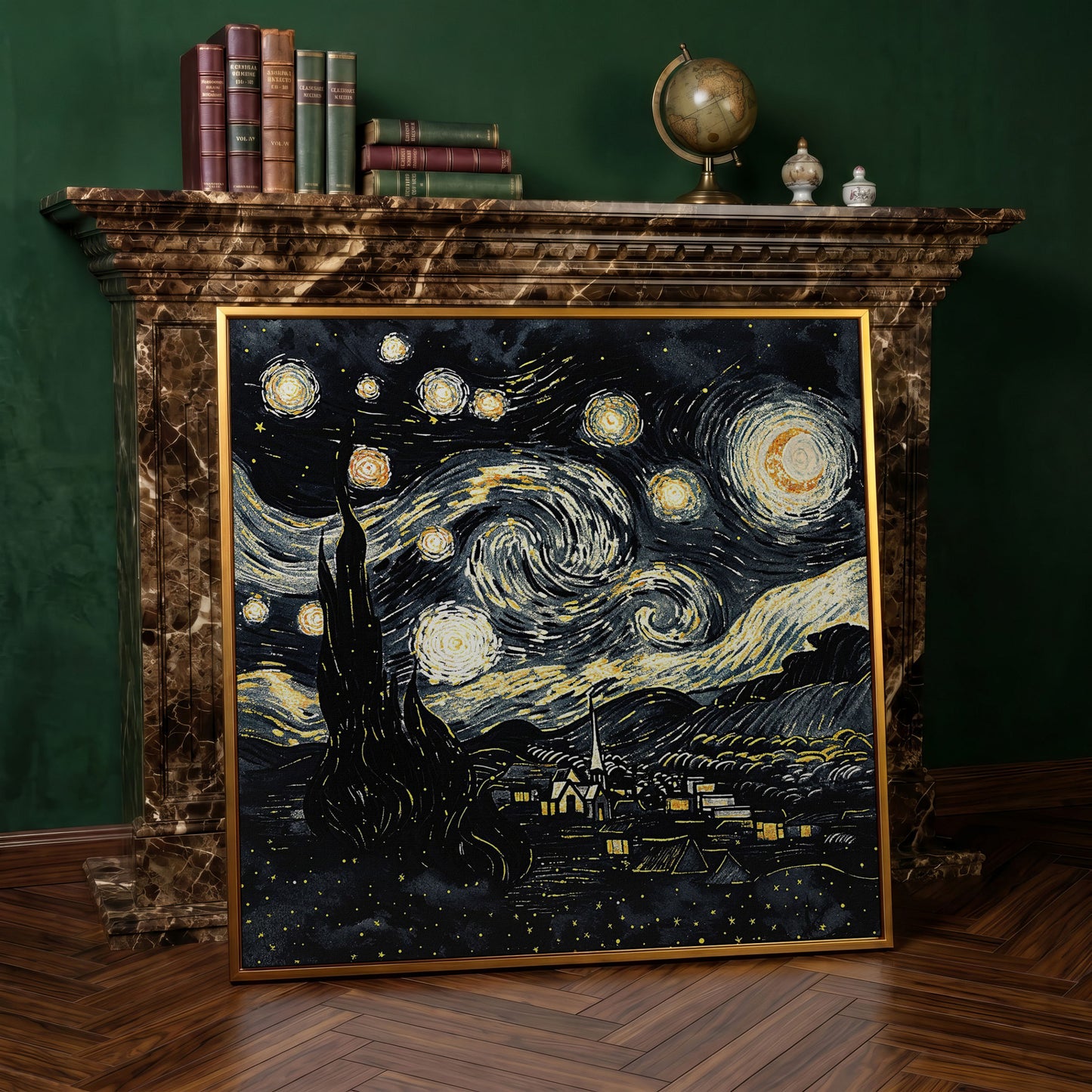Swirling Night Sky Over a Village, Van Gogh Style Canvas Art in antique gold floating frame