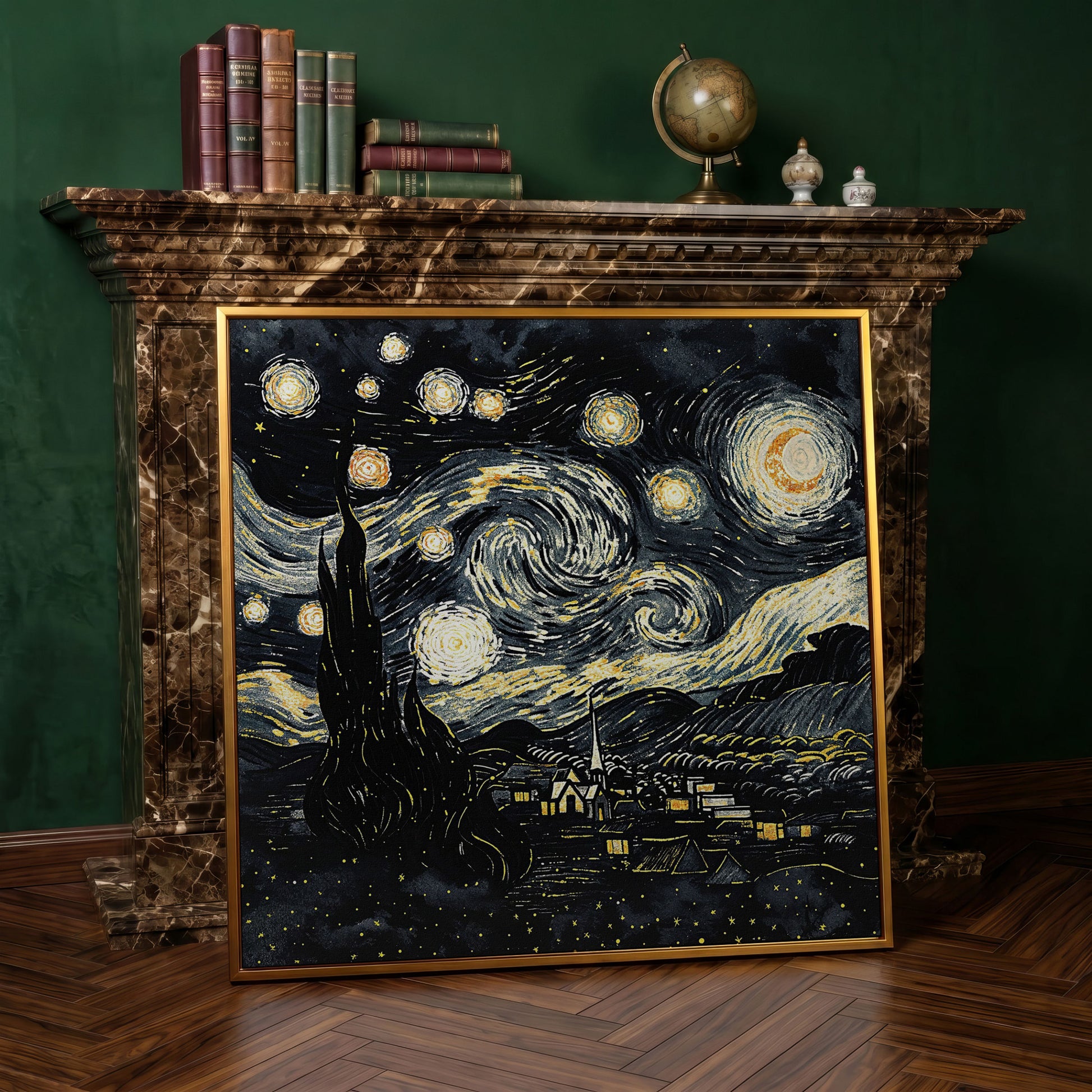 Swirling Night Sky Over a Village, Van Gogh Style Canvas Art in antique gold floating frame