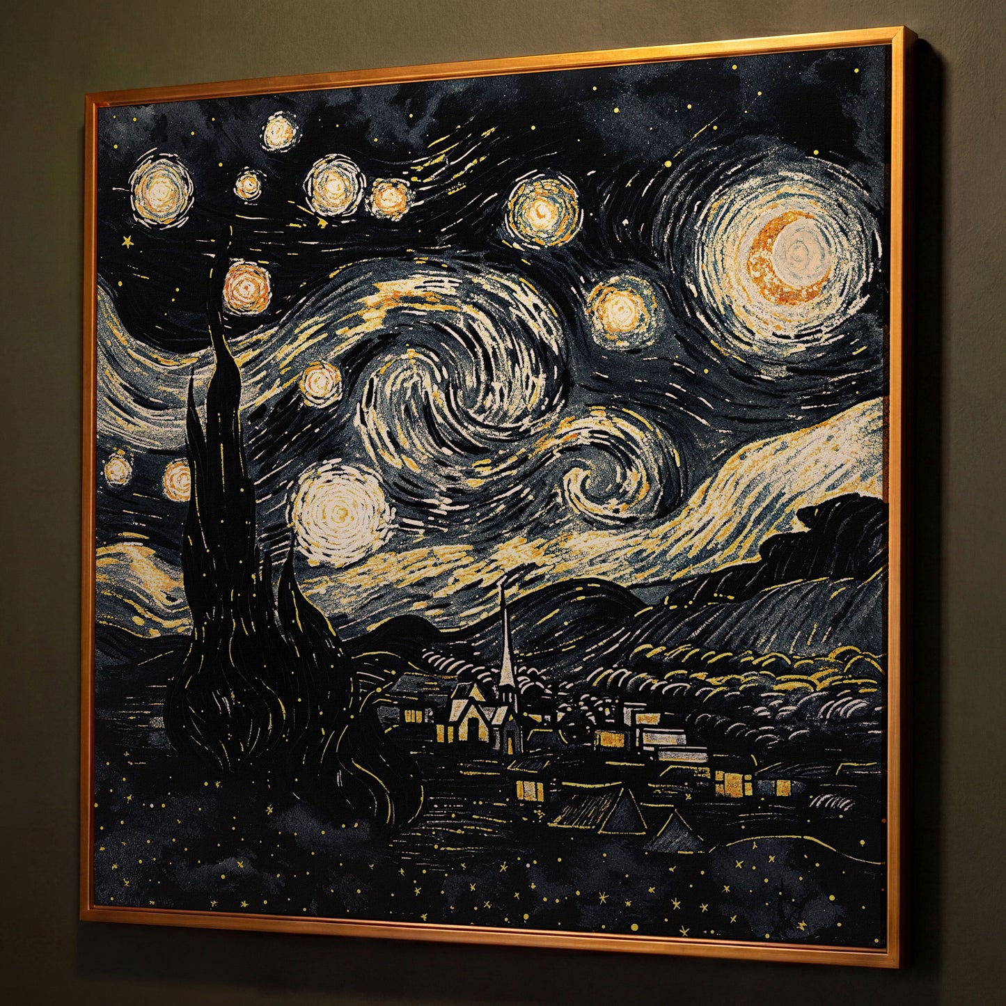 Swirling Night Sky Over a Village, Van Gogh Style Canvas Art shown in antique gold floating frame
