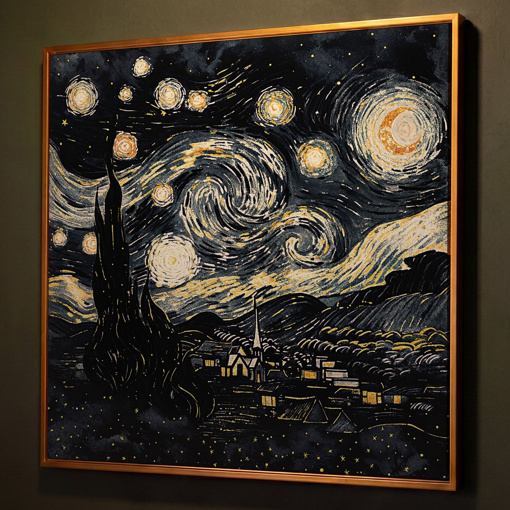 Swirling Night Sky Over a Village, Van Gogh Style Canvas Art shown in antique gold floating frame