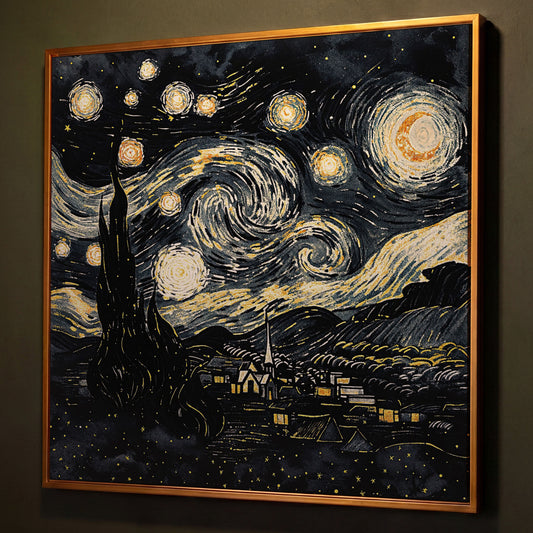 Swirling Night Sky Over a Village, Van Gogh Style Canvas Art shown in antique gold floating frame