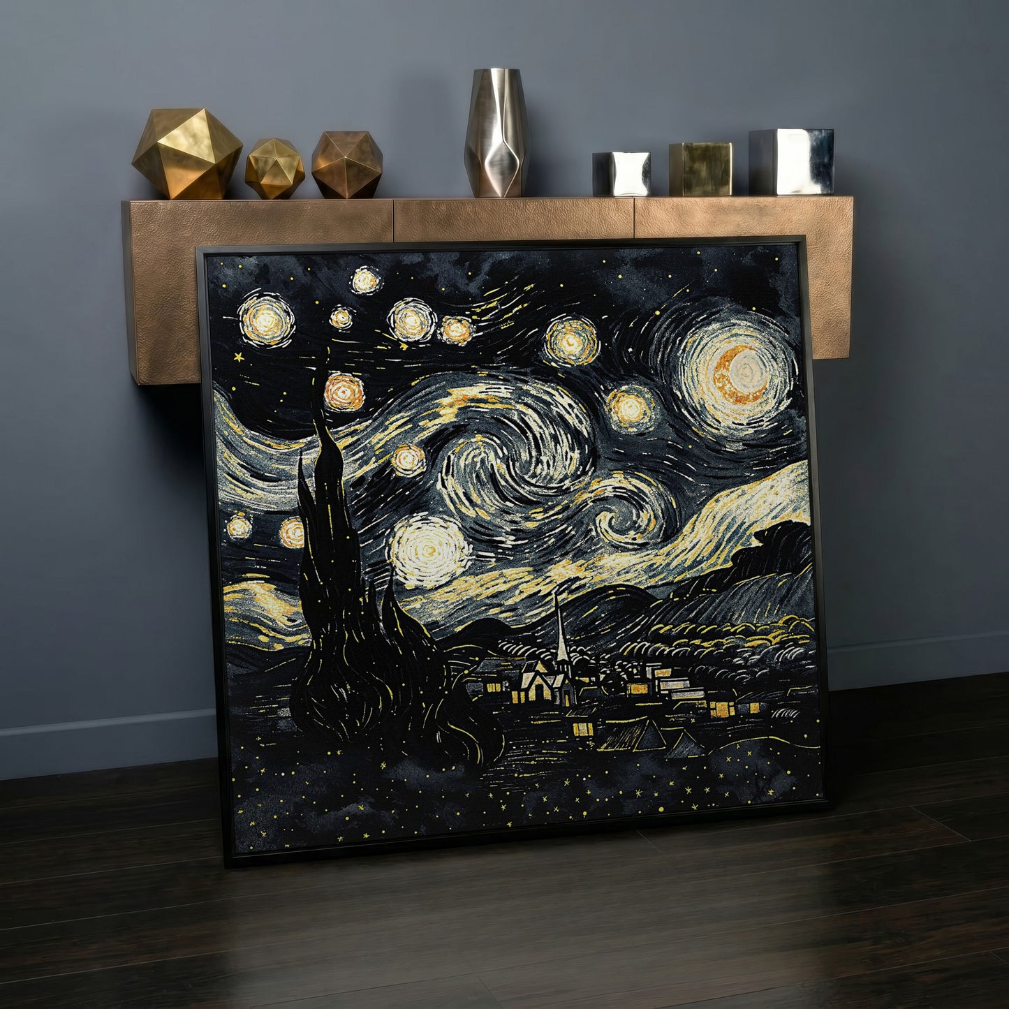 Swirling Night Sky Over a Village, Van Gogh Style Canvas Art in black floating frame