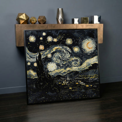 Swirling Night Sky Over a Village, Van Gogh Style Canvas Art in black floating frame