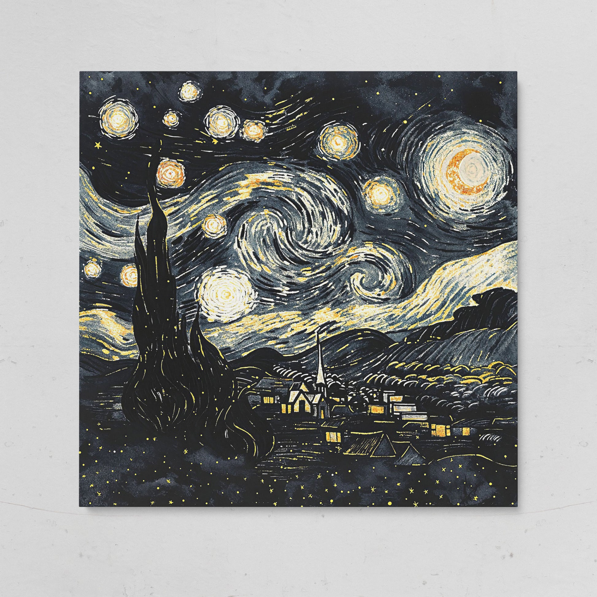Swirling Night Sky Over a Village, Van Gogh Style Canvas Art on gallery wrap