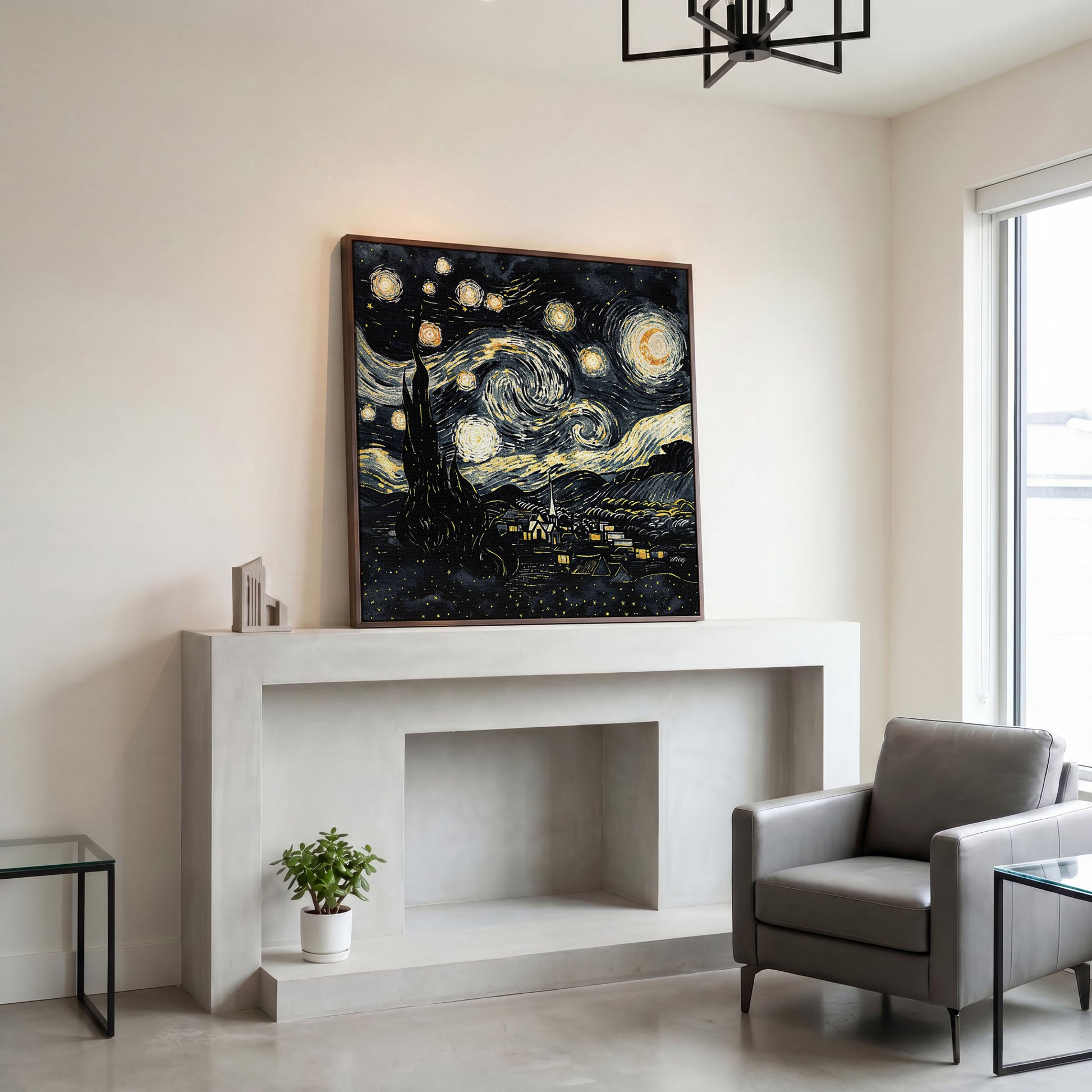 Swirling Night Sky Over a Village, Van Gogh Style Canvas Art in dark walnut floating frame