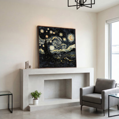 Swirling Night Sky Over a Village, Van Gogh Style Canvas Art in dark walnut floating frame